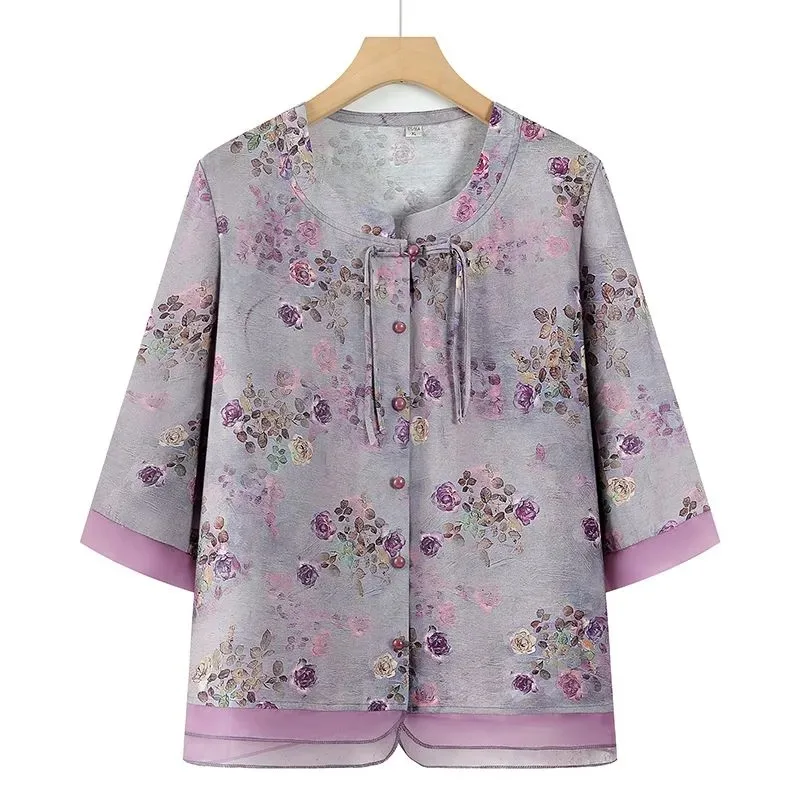 

Женская винтажная блузка с цветочным принтом в китайском стиле, с рукавами 3/4, круглым вырезом и застежкой на пуговицах, повседневный топ