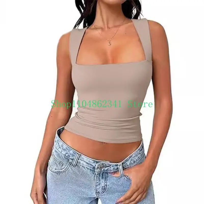 5ASD للسيدات مربع الرقبة بلا أكمام طبقة مزدوجة دبابة أعلى الصيف قمم الصيف للصيف