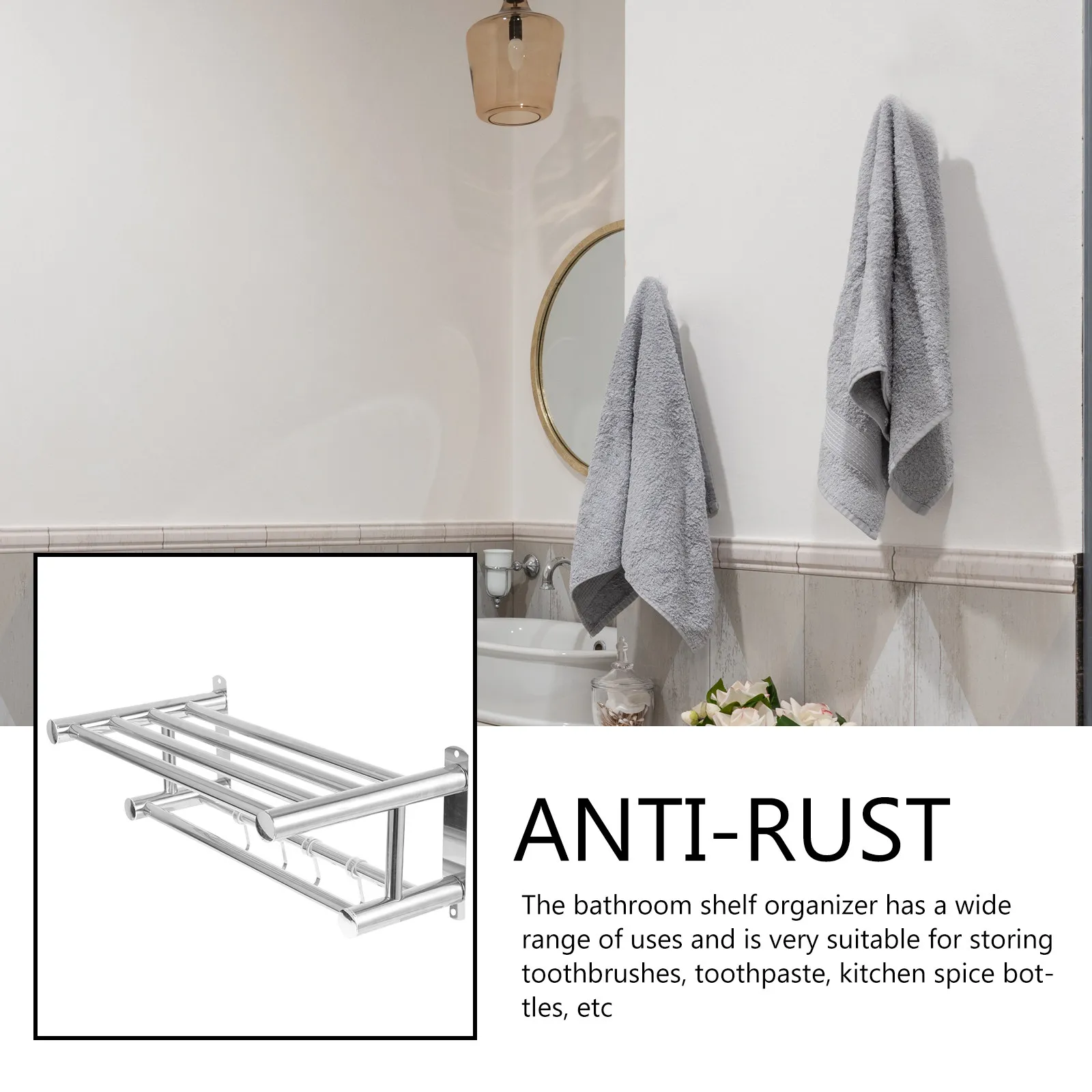 Premium Stainless Steel Bathroom Shelf Organizer Wall Mounted Towel Rack Shower Basket for Kitchen Spice Bottles Soap Dish