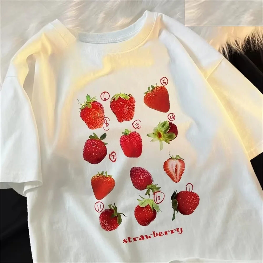 12 Types Strawberry Printing Women Tshirts Pattern Tee Clothes Summer T Shirts Harajuku Loose Couple T-Shirt Soft