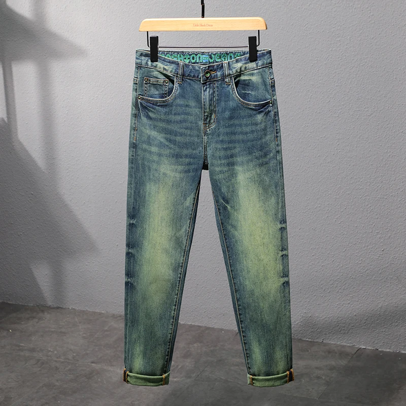 

Retro blue-green jeans men's high-end washed slim fit skinny elastic trend all-match street fashion long pants