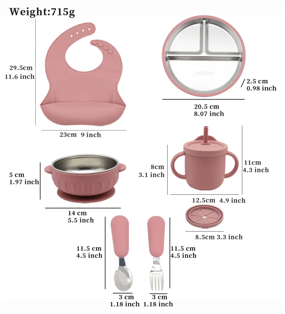 Silicone Stainless Steel Tableware 7-Piece Set, Bib, Plate, Bowl, Stainless Steel Spoon, Fork, Multifunctional Water Cup Set