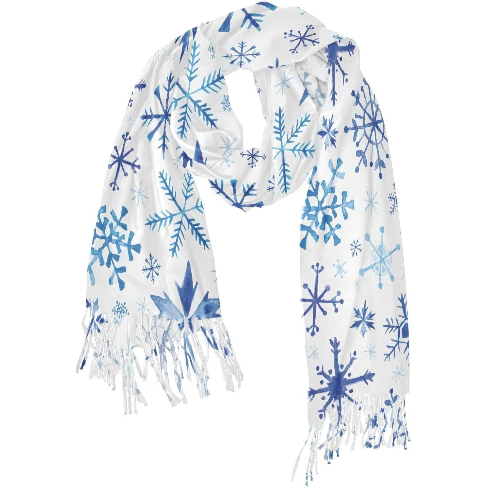 

Christmas Scarf for Women Cold Weather with Tassels Snowflakes Blue Large Warm Soft Scarves Long Shawl Wrap Unisex