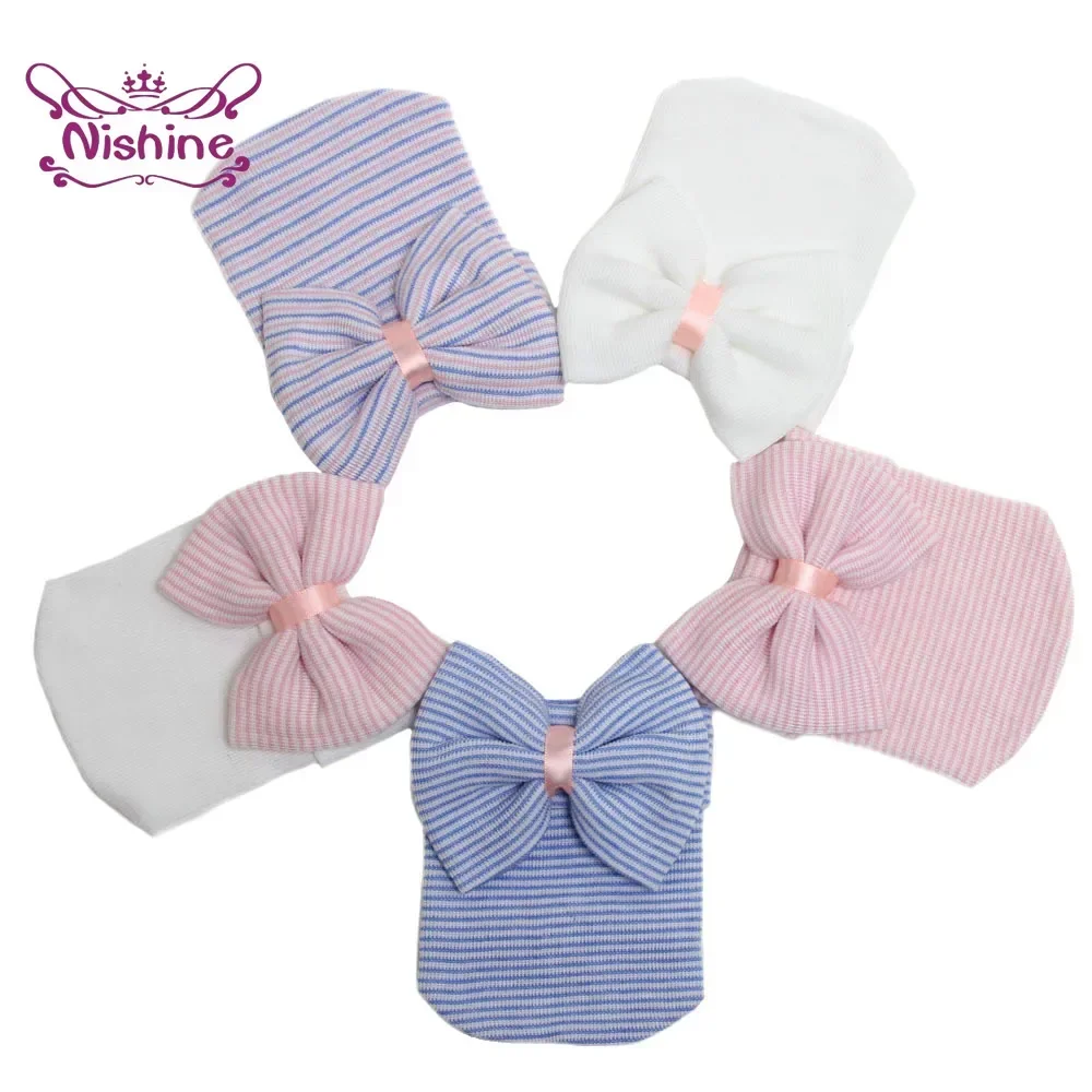 Gorro con lazo a rayas para recién nacido, gorro de punto con lazo grande, gorro para niño pequeño, accesorios para el cabello, 1 piezas