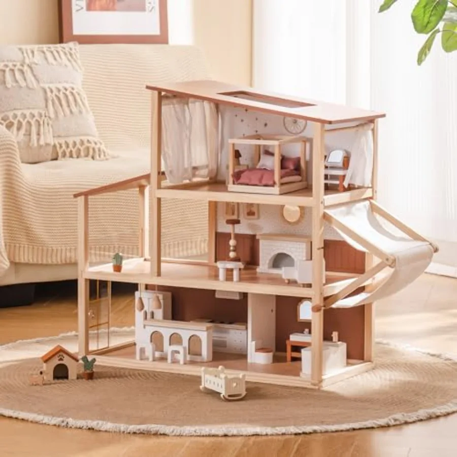

Wooden Dollhouse, Doll House for Girls 3-Story Bohemian Style Doll House with 37- Piece Furniture and Awning, Pretend Play Wood