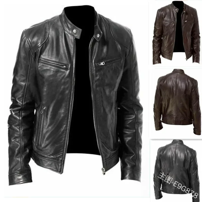 

2023 Fashion Men's Leather Jacket Slim Fit Stand Collar PU Coat Male Windproof Motorcycle Lapel Diagonal Zipper Outerwear