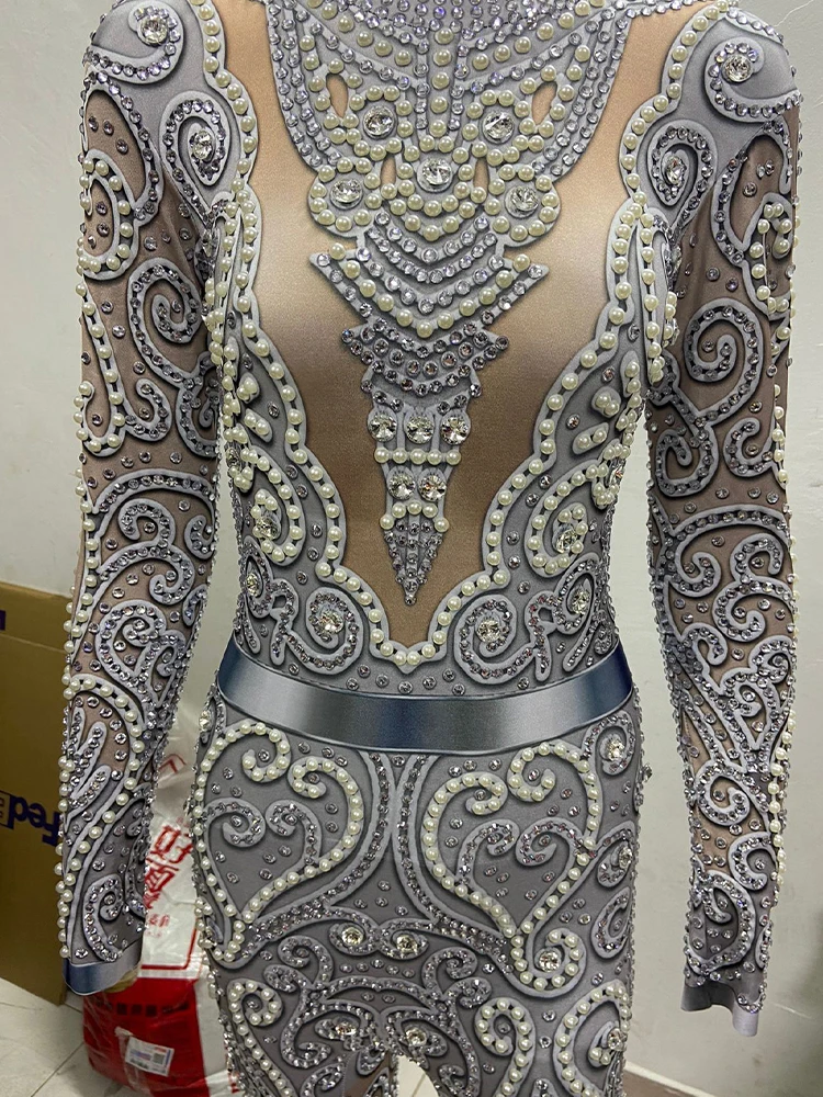 Sexy Silver Gray Rhinestones Bodysuit High Quality Party Stage Costume Crystals Pearl Jumpsuit Dj Show Singer Costume