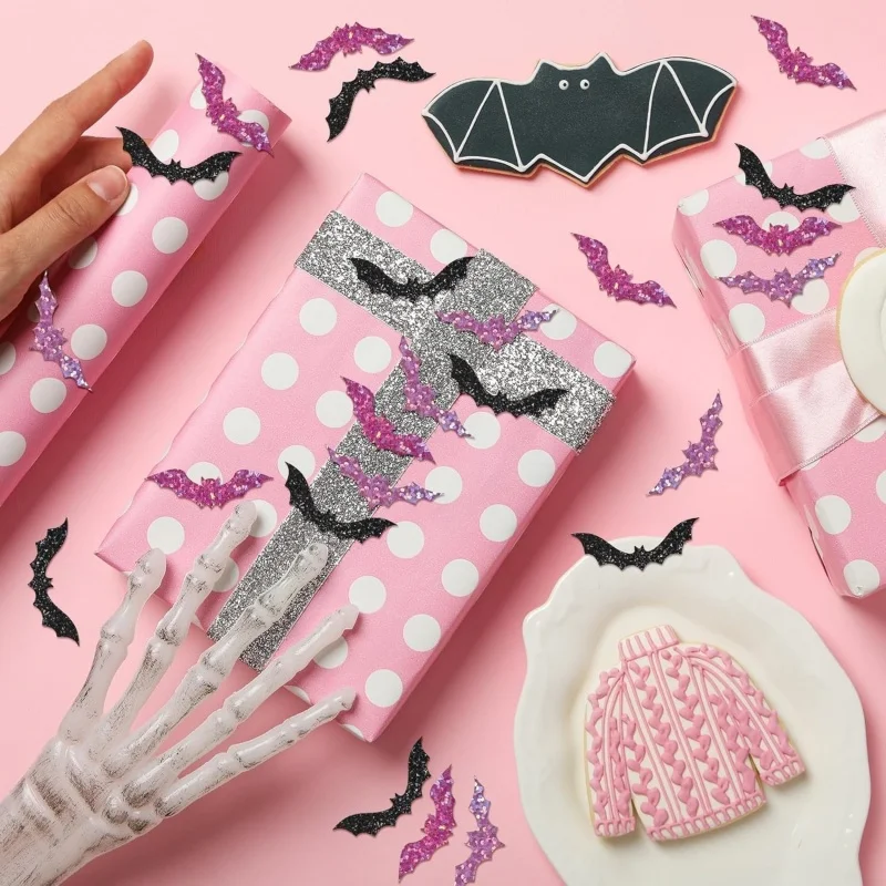 500 Stück Halloween-Fledermaus-Aufkleber-Rolle, Laser-Schwarze Fledermäuse, Wasserfeste Glitzer-Selbstklebende Aufkleber für Halloween-Scrapbook-Partydekoration – Detail 13
