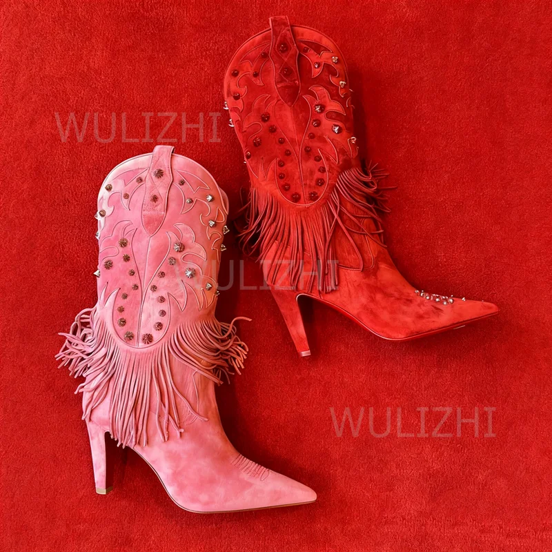 

Pink Red Tassel Studded Totem Boots Girls Cute Brightly Color Stiletto Low Heel Calf Booties Pointed Toe Zipper Party Shoe Women