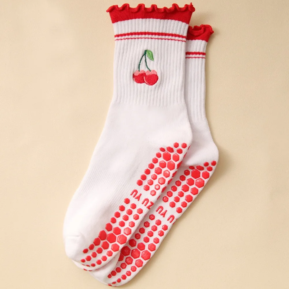 

New Cotton Pilates Socks Harajuku Street Breathable Yoga Socks Sweat-absorbent Non-Slip Grip Cherry Embroidery Socks