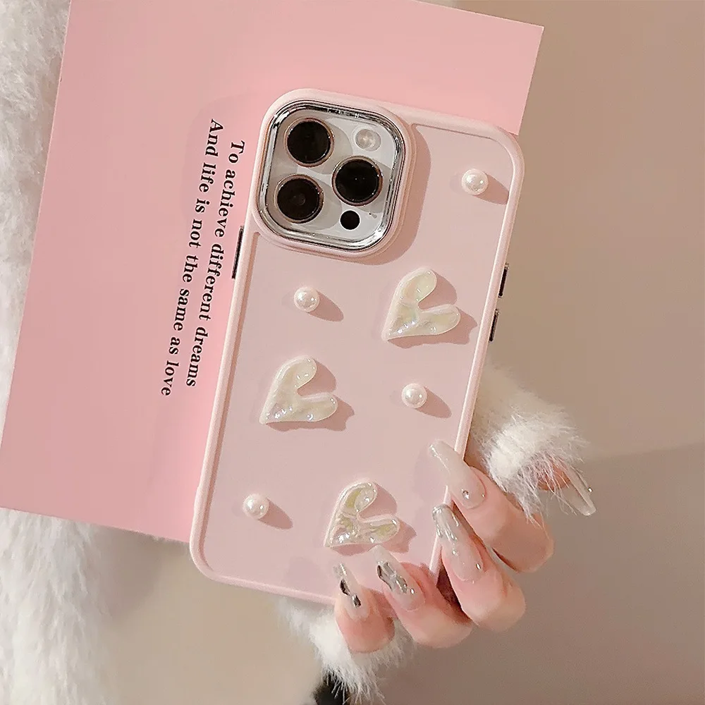 3D Cute Flower Pearl Heart Phone Case for iPhone 16 15 14 13 12 11 Pro Max Plus XS XR Shockproof Drop Protect Back Cover Luxury