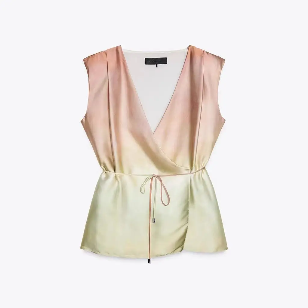 Zomer 2025, losse pasvorm, V-Ne Svel tie-dye print top, hoge taille, wijde pijpen, dames, casual katoen, polyester mix, irt