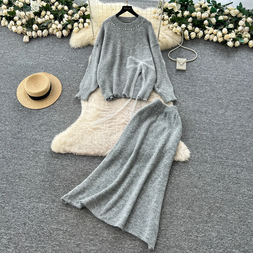 

Women Two Pieces Knitted Dress Set Solid Matching Sets Bow Pullover Sweater Ankle Lenth Skirt Loose Casual 2025 Autumn Winter