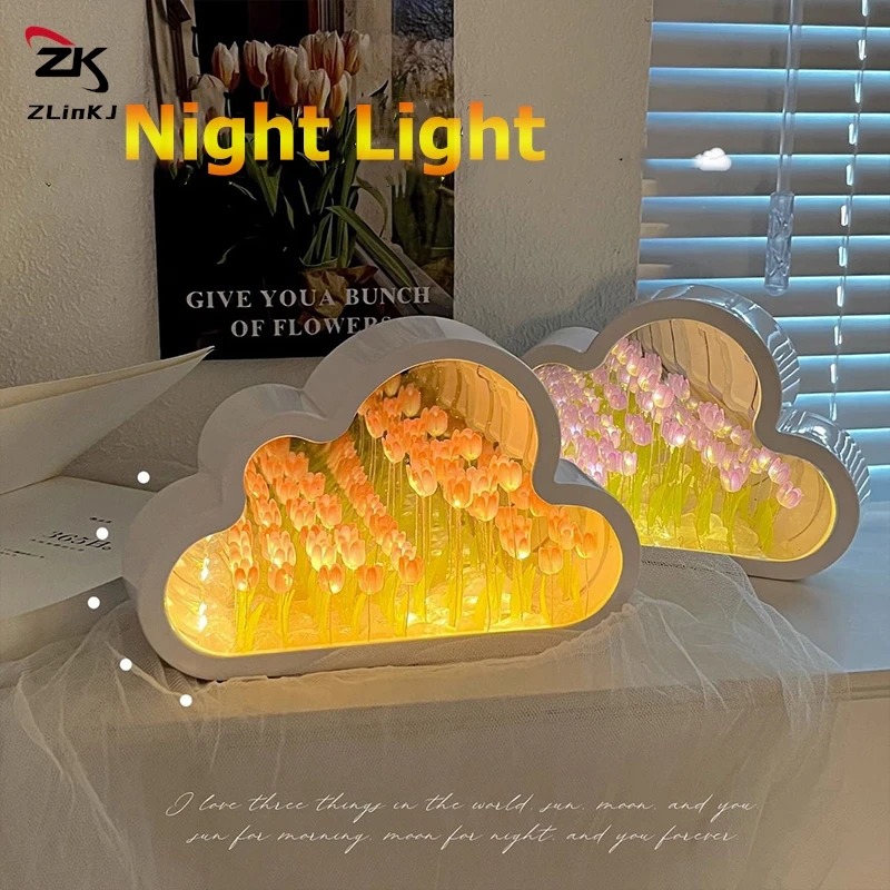 DIY Cloud Mirror Tulip Lamp Simulation Flower Bedroom Sleeping Table Lamp Handmade Craft Tulips Mirror Night Light Birthday Gift