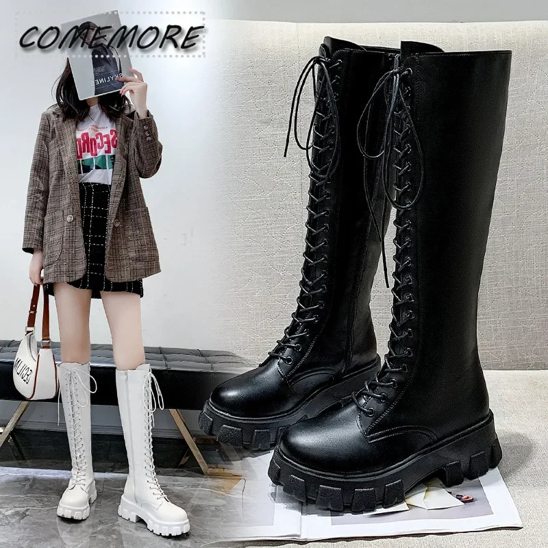 2025 New Thicken Winter Knight Boots Women Knee High Long Square Heel Retro Lace Up Motorcycle Boots Black White Botas Mujer 40
