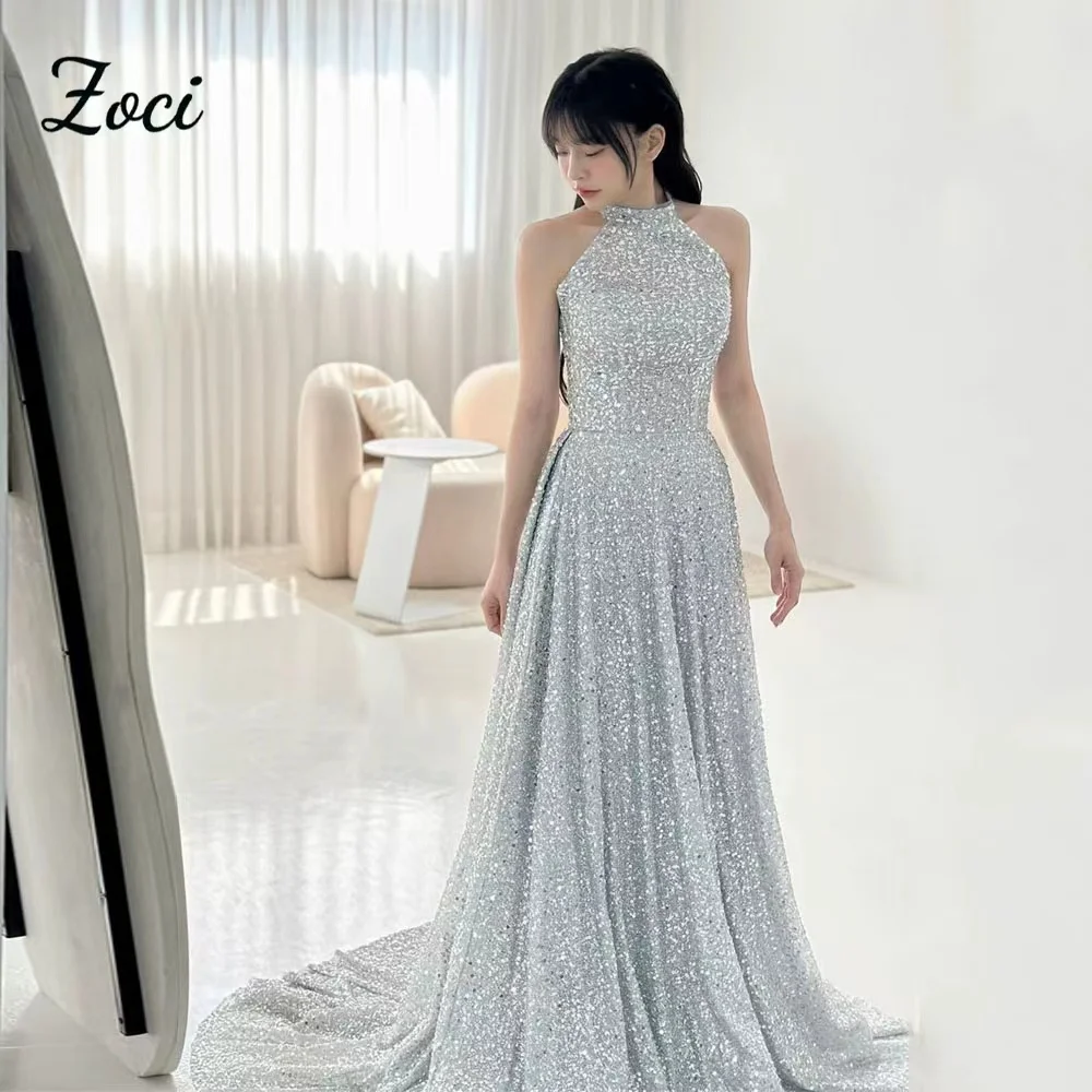 

Zoci Shiny Silver Wedding Dresses 2026 Korean Wedding Dresses Photos Shoot Halter Sequined Lace Sparkly Birthday Party Gown