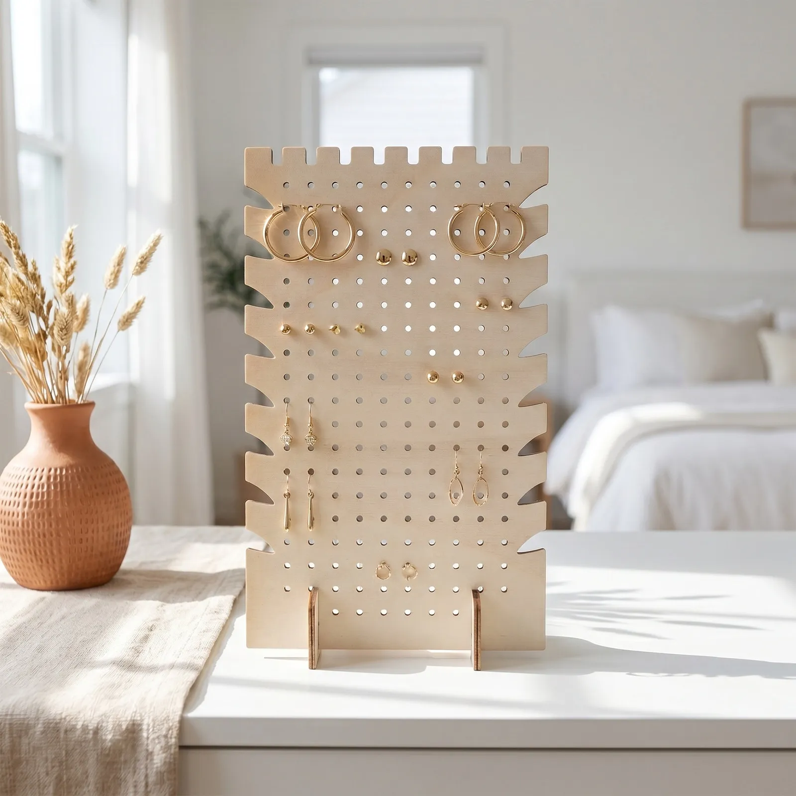2Pcs Wood Earring Display Stands 10x5.9x3.2 Inch Jewelry Organizer 186 Holes Rustic Jewelry Tower Organizer Personal Retail