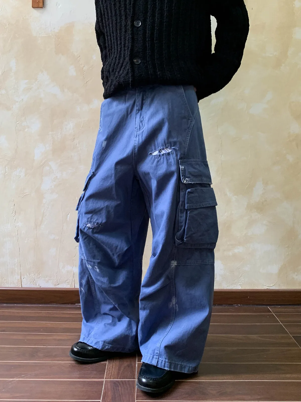 

American High Street Workwear Pants Men's Folded Blue Denim Multi-Pocket Fashionable CleanFit Patchwork Design Spring Season