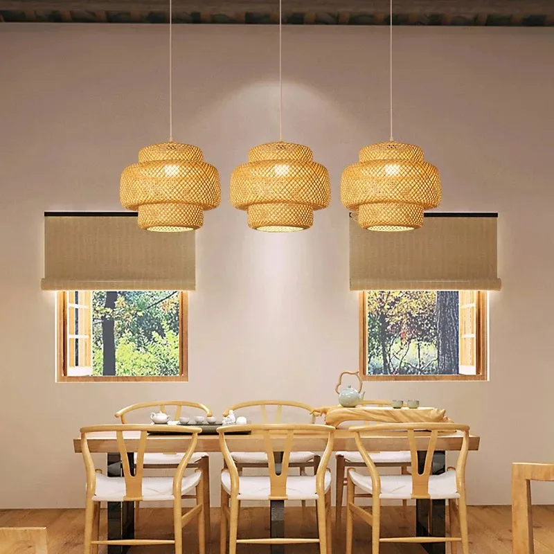 Lámpara colgante de mimbre Natural de 38CM, candelabros de bombilla E27 de mimbre Natural, iluminación decorativa para restaurante y hogar