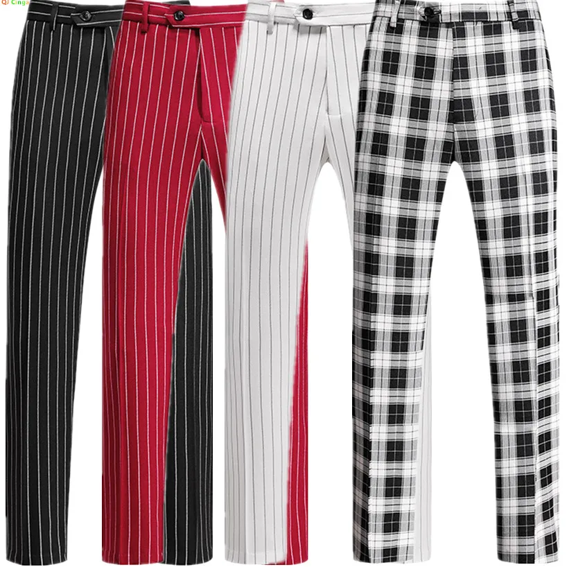 

Новые осенние мужские облегающие брюки азиатского размера, черно-белые брюки в клетку, красные, синие брюки в вертикальную полоску. М-5XL 6XL