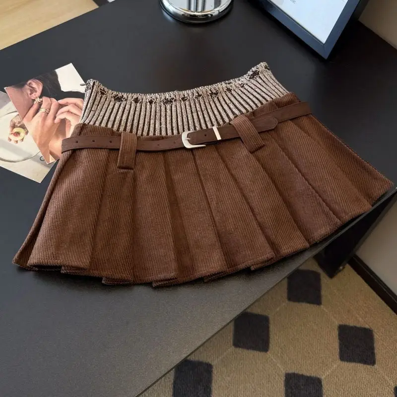 

Korejpaa Autumn Pleated Skirt American Retro Short Skirts Spicy Girl High Waist Slimming Street Casual Knit Patchwork Clothes