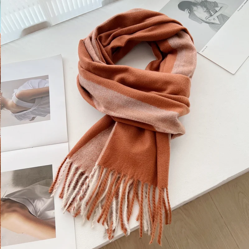 

2025New Imitation Cashmere Versatile Tassel Scarf Autumn Winter Color Block Soft Comfortable Thickened Warm Shawl