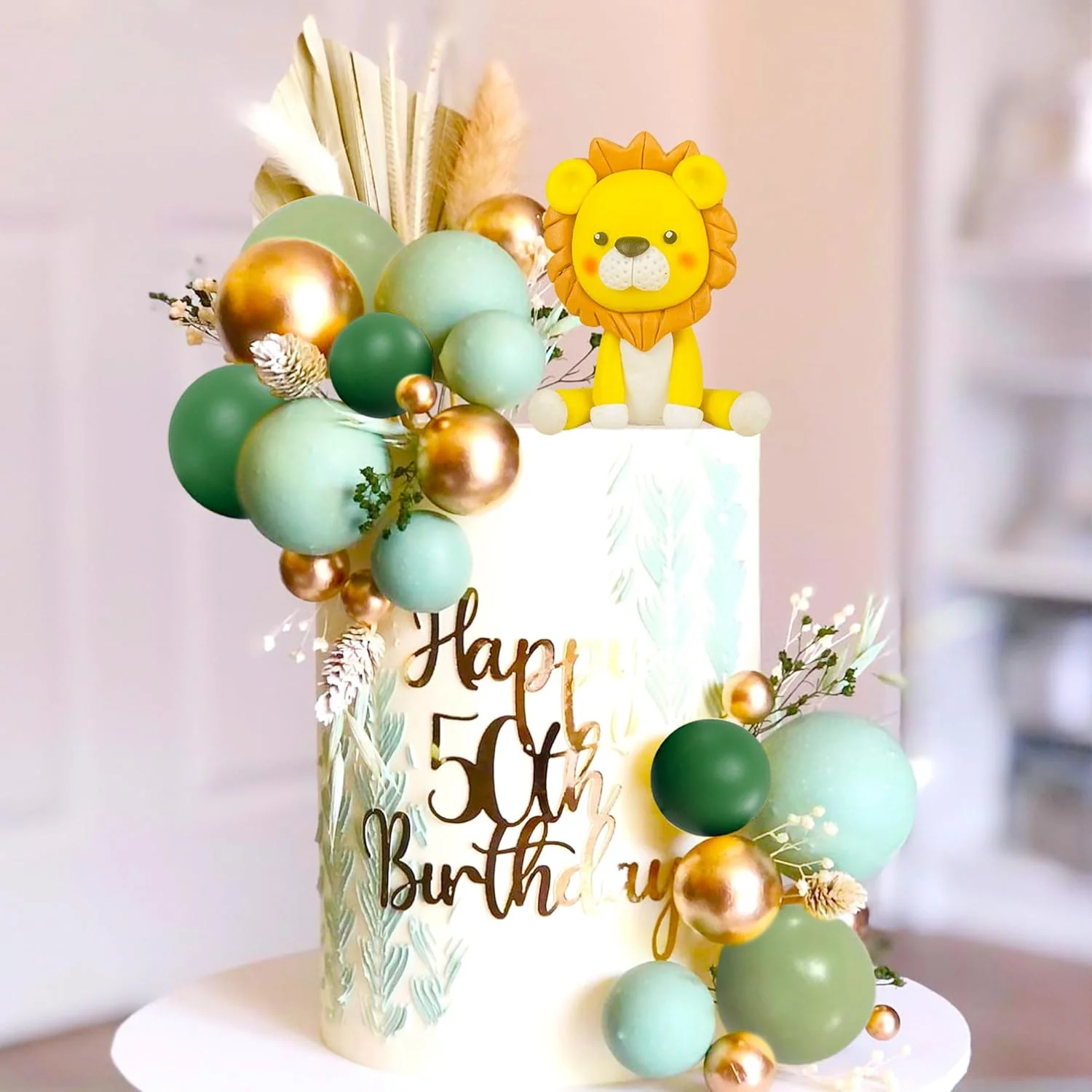 21pcs Lion Cake Topper Sage Green Cake Topper Balls for Wild One Birthday Cake Decoration Jungle Theme Baby Shower Decoration