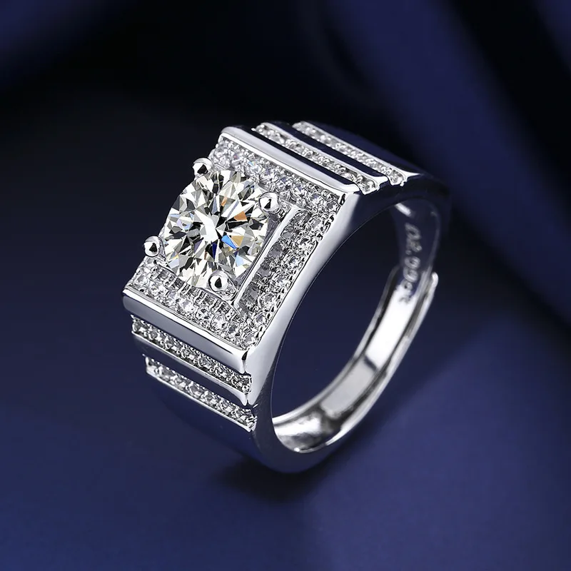 Punk-style minimalist drop-shaped 2-carat men's ring in S925 sterling silver jewelry.