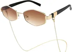 Ladies Fashion Hexagonal Sunglasses Small Frame with Chain Fashion Luxury Metal Classic Tone High Quality Casual Business Eyewea