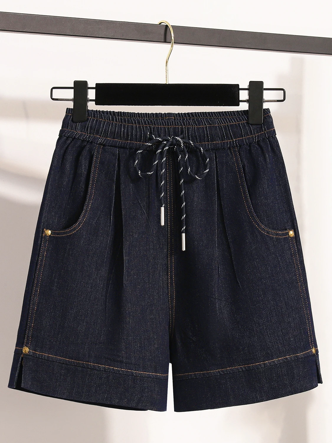 

Свободные джинсовые шорты с высокой талией и широкими штанинами для женщин, летние модные утягивающие шорты-хотпэнты, эластичные, в корейском стиле, больших размеров, повседневные брюки