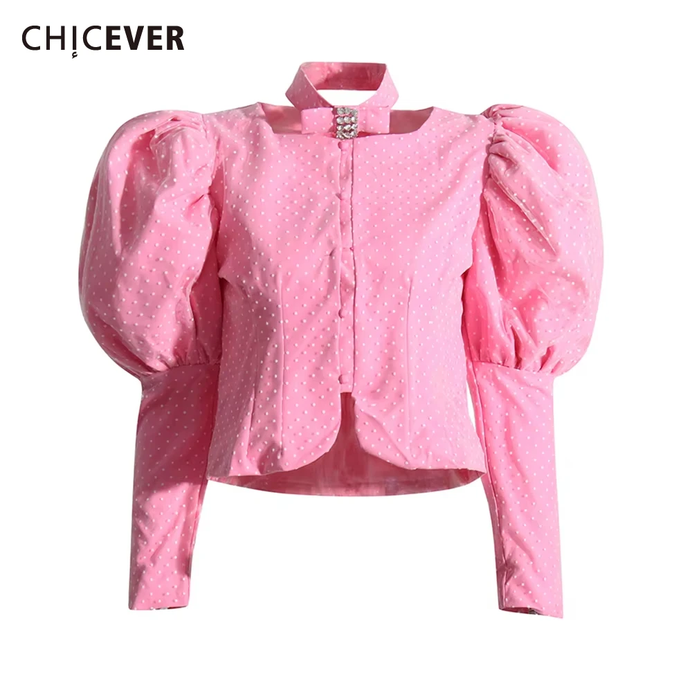 

CHICEVER Solid Elegant Spliced Bowknot Shirt for Women Square Collar Lantern Sleeve Patchwork Single Breasted Blouse Female New