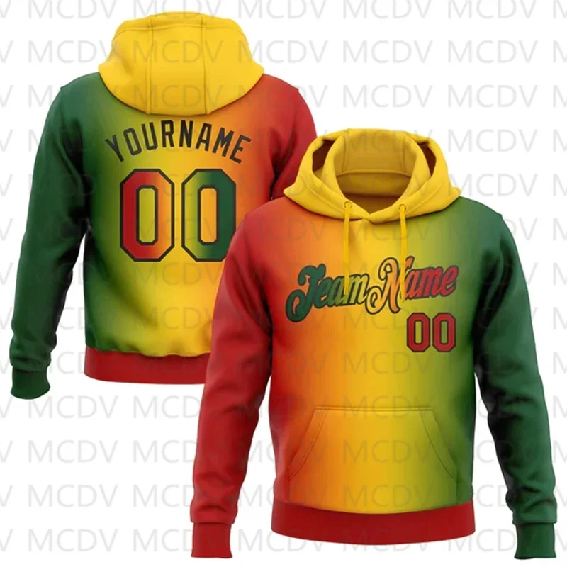 Custom Green Red Yellow-Black 3D Pattern Design Gradient Fashion Black History Month Sports Pullover Sweatshirt Hoodie