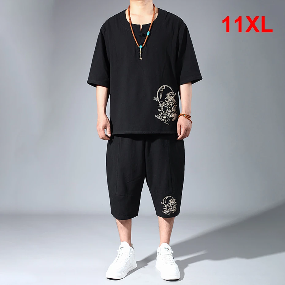 Men's Sets Summer Vintage Embroidery Suits 10XL 11XL Plus Size Summer T-shirt Calf-length Pants Male Big Size Suits