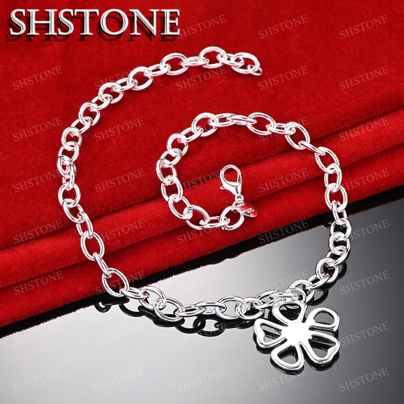 

SHSTONE 925 Sterling Silver Necklace For Women Hollow Flower Lucky Clover Pendant Chain Lady Wedding Party Trendy Noble Jewelry