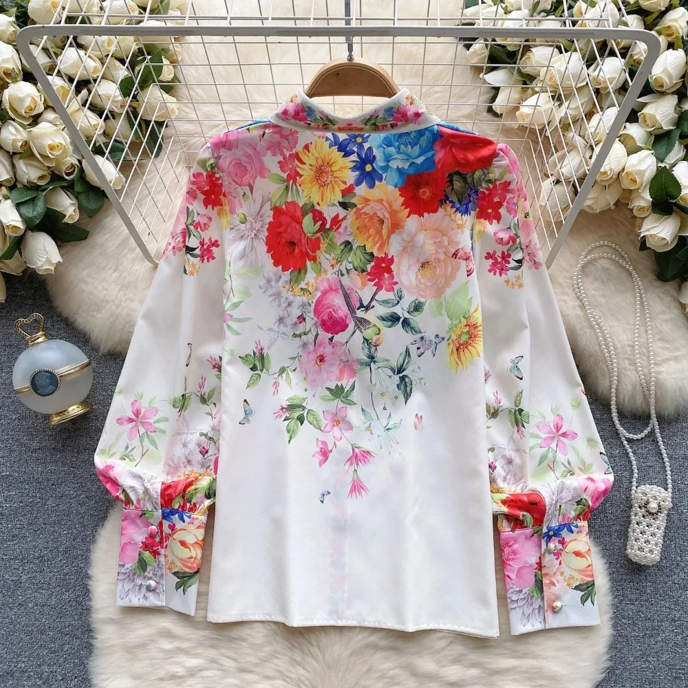 Vintage Elegant Print Lantern Sleeve Loose Blouse Fashion Polo-neck Shirt  Casual Chic Top Fairy Autumn Women