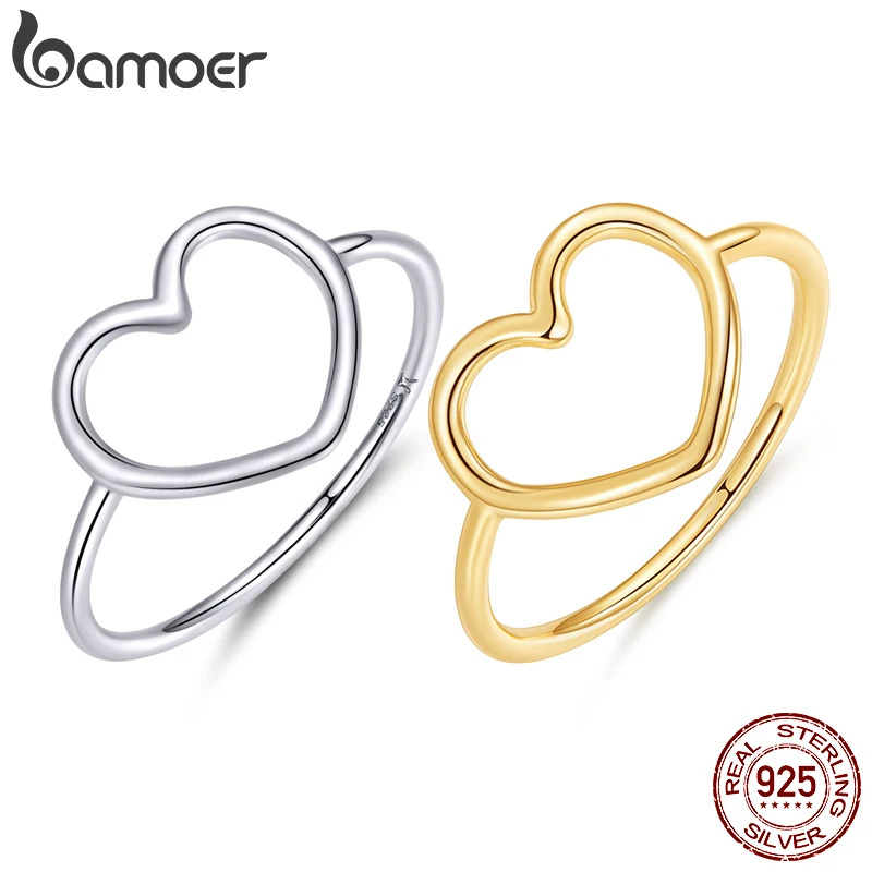 BAMOER 925 Sterling Silver Minimalist Heart Finger Rings for Women Wedding Engagement Statement Fashion Jewelry 4 Colors SCR641