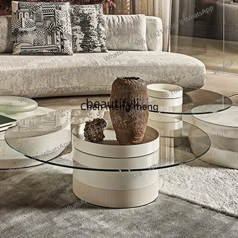 

Modern Minimalist Round Glass Tea Side Table Set for Living Room Home Use High-End Artistic Designer Cement Tea Table
