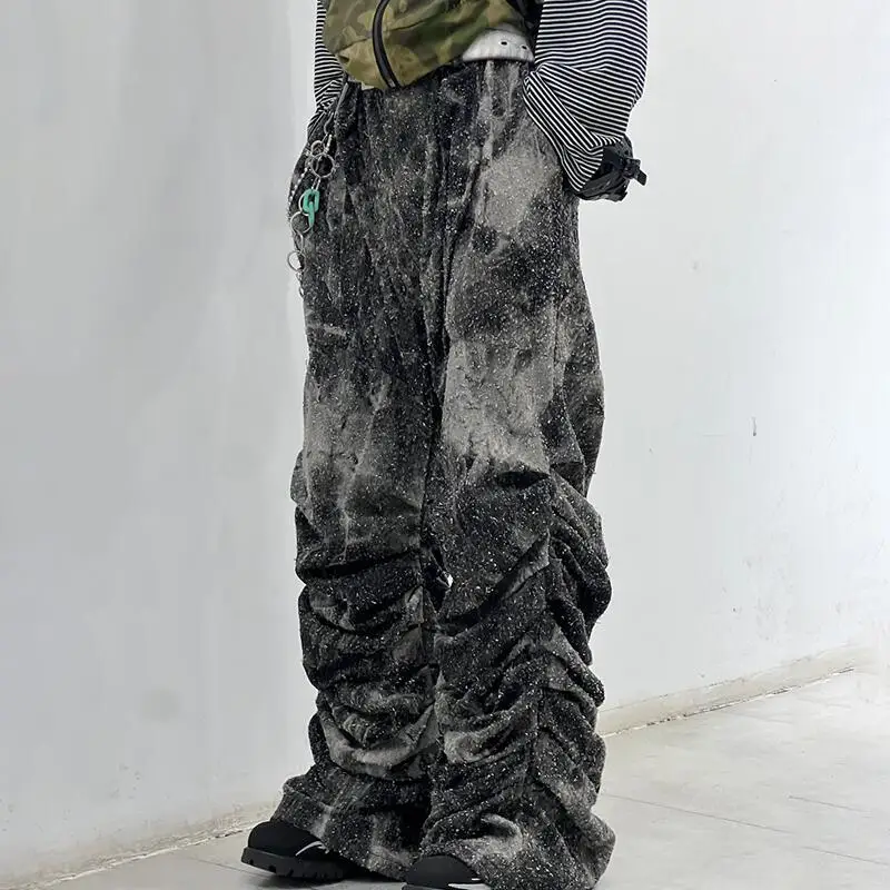 MWJLPWQ رمادي التعادل صبغ تصميم الجينز الرجال شارع العليا المتخصصة خمر فضفاض واسعة الساق عادية تنوعا للجنسين السراويل الطويلة جديد 010964