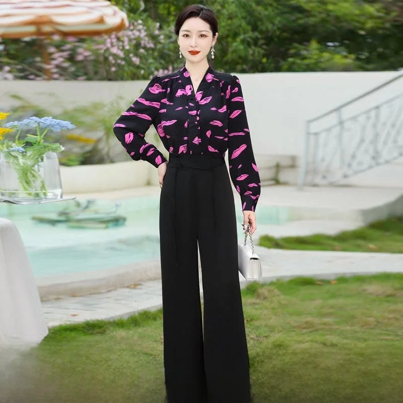 

Faionable Lip Print Jumpsuit Women's Long Pants Brand 007 Spring Commute Straight Leg mid Waist Regular Thin