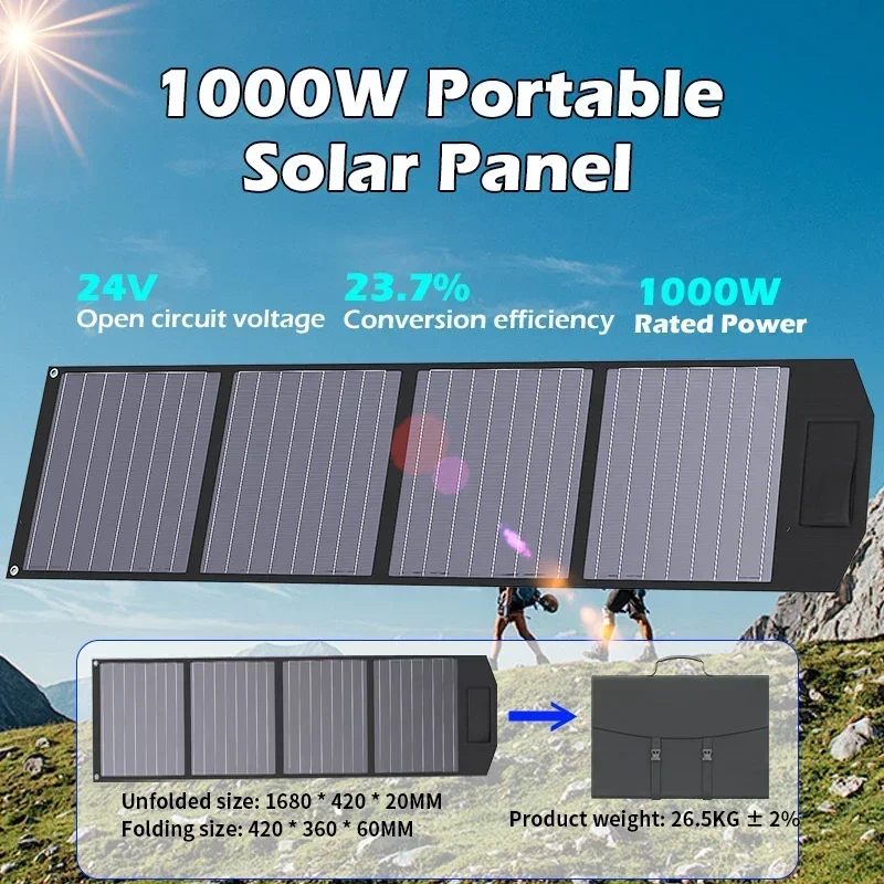 1000W Solar Panel Foldable Portable Monocrystalline ETFE 12V-24V Solar Charger Solar Generatorsfor RV Camping  IP67 Waterproof