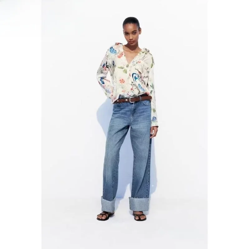 

Spring 2024 New Loose Women's Shirt Satin Floral Print Anti-Wrinkle Long Sleeve Regular Fit Fashionable Ladies' Blouse