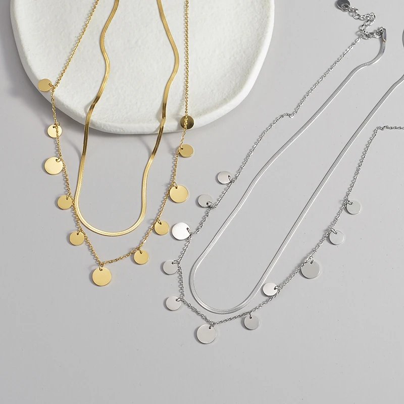 Simple Stainless Steel Snake Chain Necklaces 2 Layers Round Pendants Women Necklace Punk Jewelry Gift