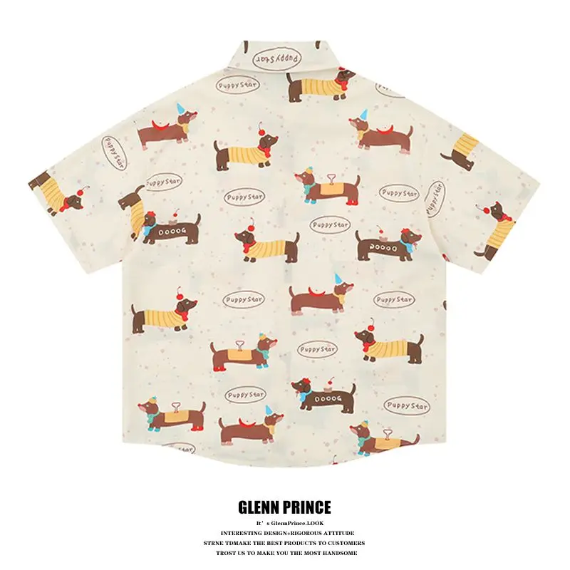 BEIANJI men clothing American retro dachshund full print short-sleeved shirt men's summer vacation casual lazy wind flower shirt