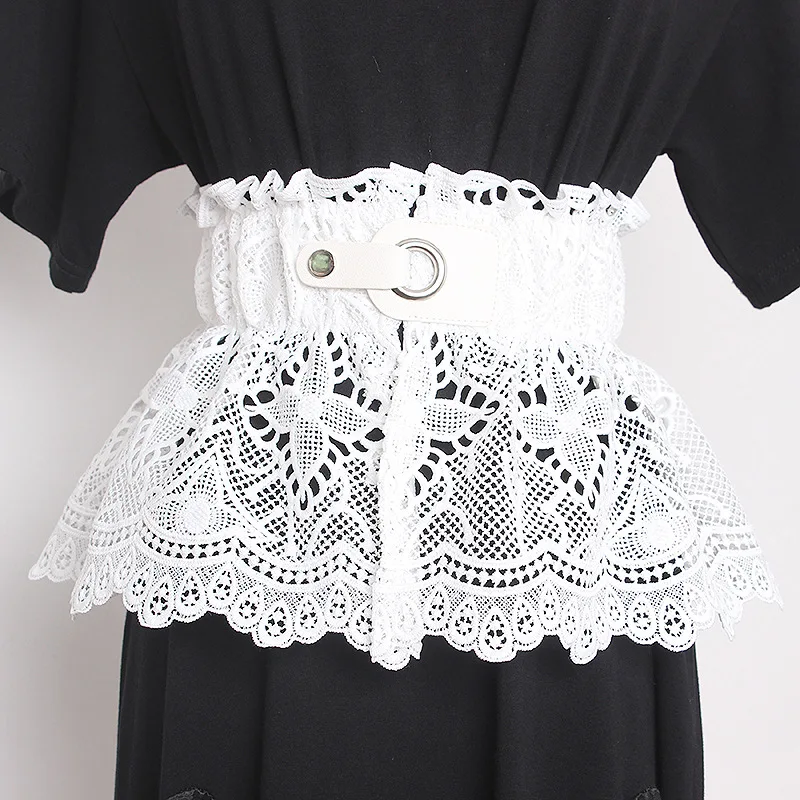 Lace skirt wide belt new style belt buckle design slim fit versatile elastic belt black and white with tights women's belt