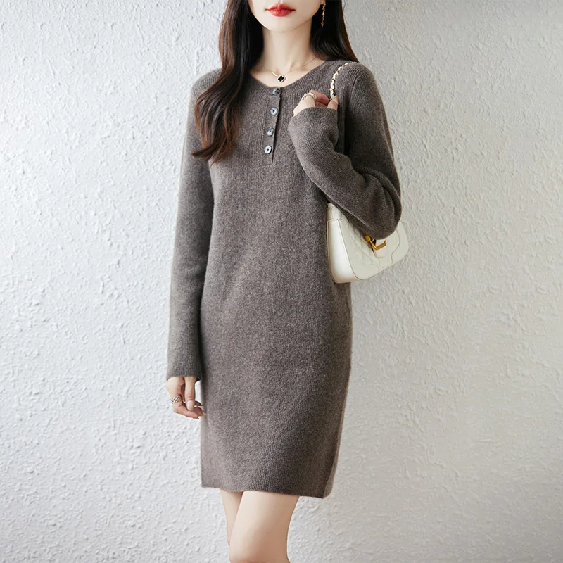 خريف/شتاء جديد 100% فستان من الصوف الخالص تنورة نسائية من الكشمير بأكمام طويلة مع أربعة أزرار من إبرة Yuanbao