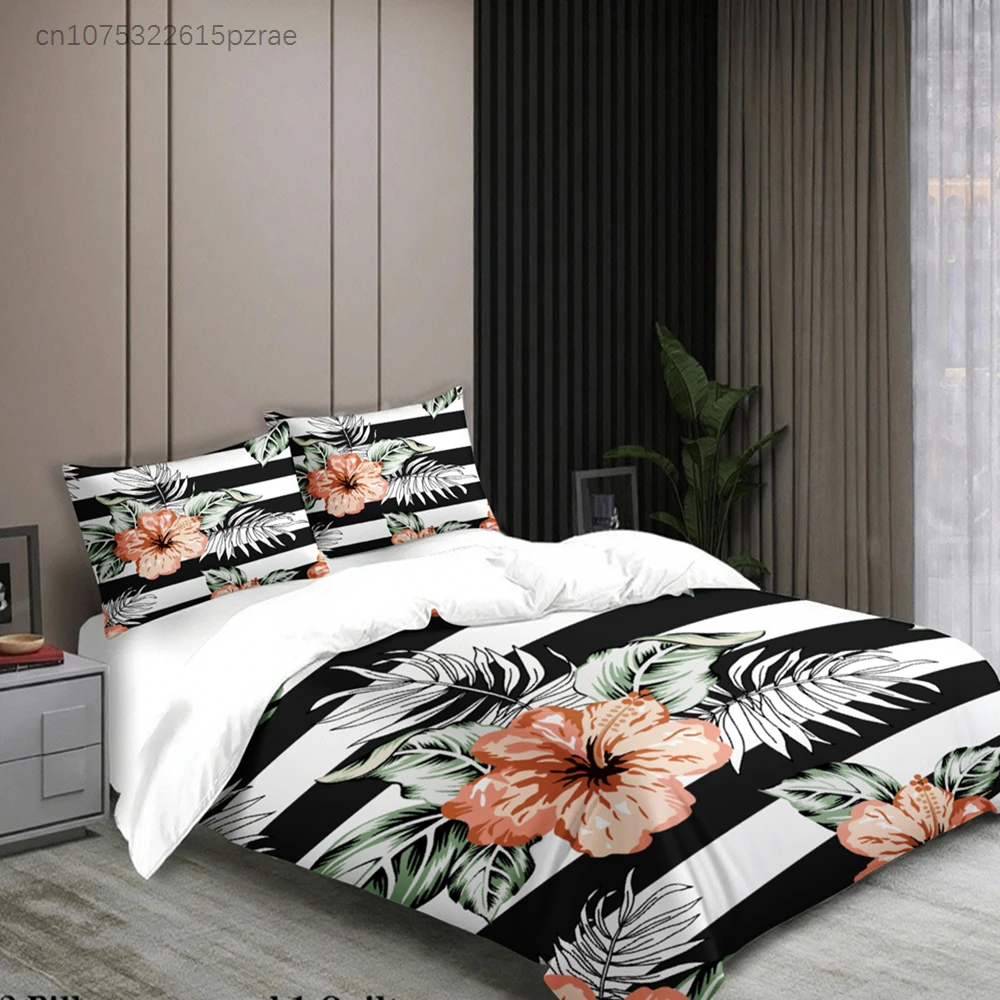 3pcs Zebra Print Bedding Sets 3D Printed Red Hibiscus Flower Duvet Cover Sets With Pillowcases No Filling