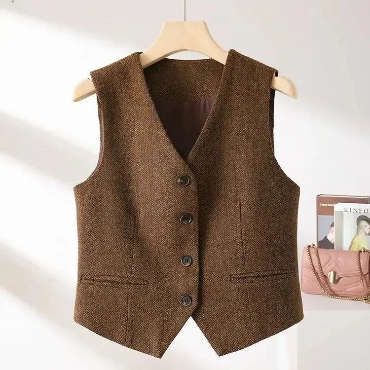 

Women's Short Woolen Vest Spring Autumn Winter Korean Style Suit Vest No Sleeve Plaid Design V Neck Sweet Style Outerwear