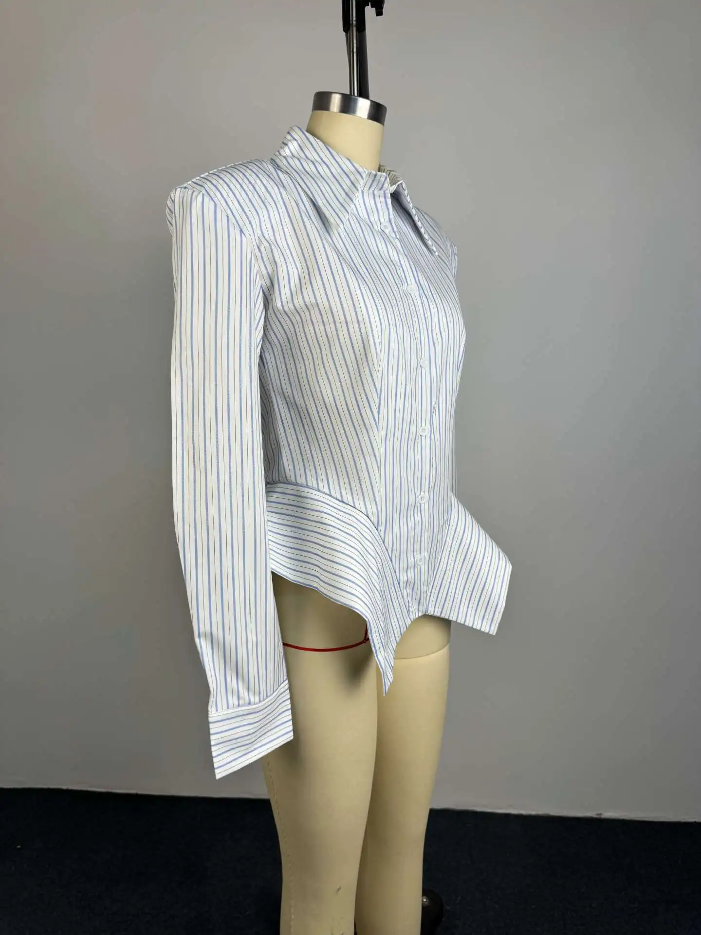 Women's Spring Summer Lapel Striped Fitted Asymmetrical Hem Shirt Casual Office Date 2026 New Trendy Feminine Fashion Shirt