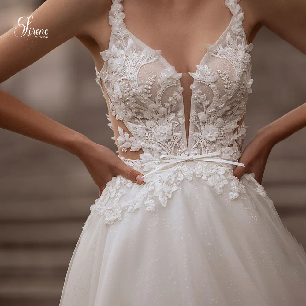 Sirene Moderne V-hals Ruglooze Vloerlengte A-lijn Korte Mouw Kanten Bruidsjurk 2025, Trouwjurk Vestidos De Novia Aangepast