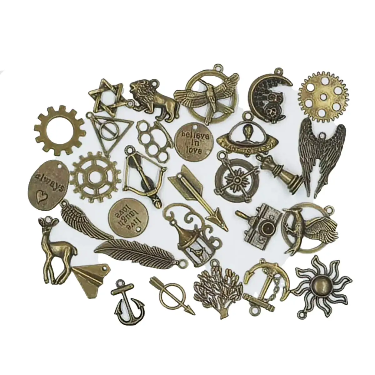 300PCS Mixed Shape Bronze Tone Charm Pendants 15-40mm Jewelry Making Accessories Handicraft Enthusiasts DIY Material Bag